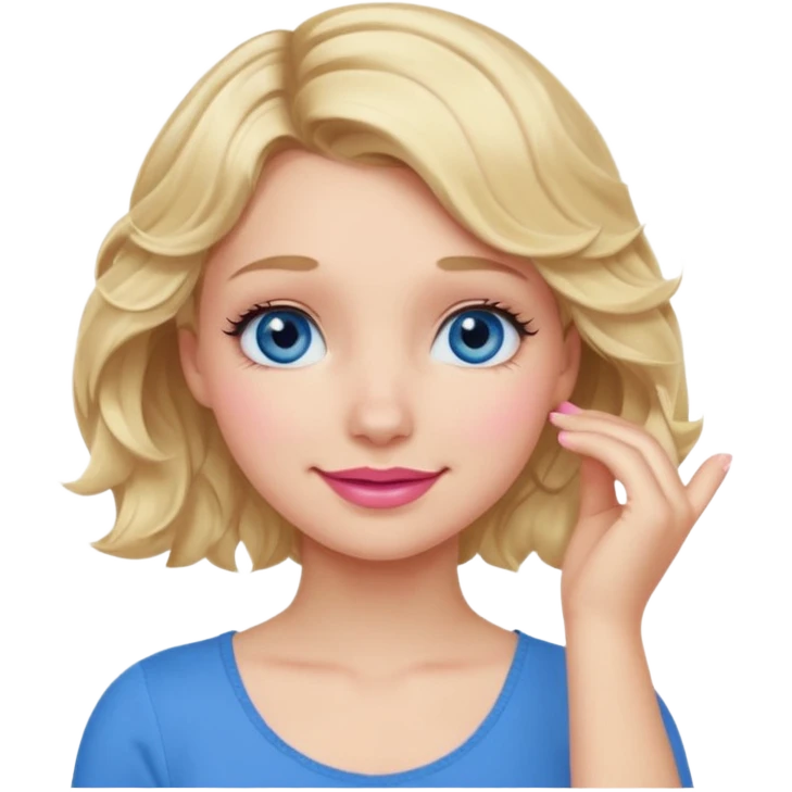 Girl Blonde short wavy hair,  blue eyes, cute blue top, long lashes, pink lips, smiling, 🤦🏻‍♀️ emoji