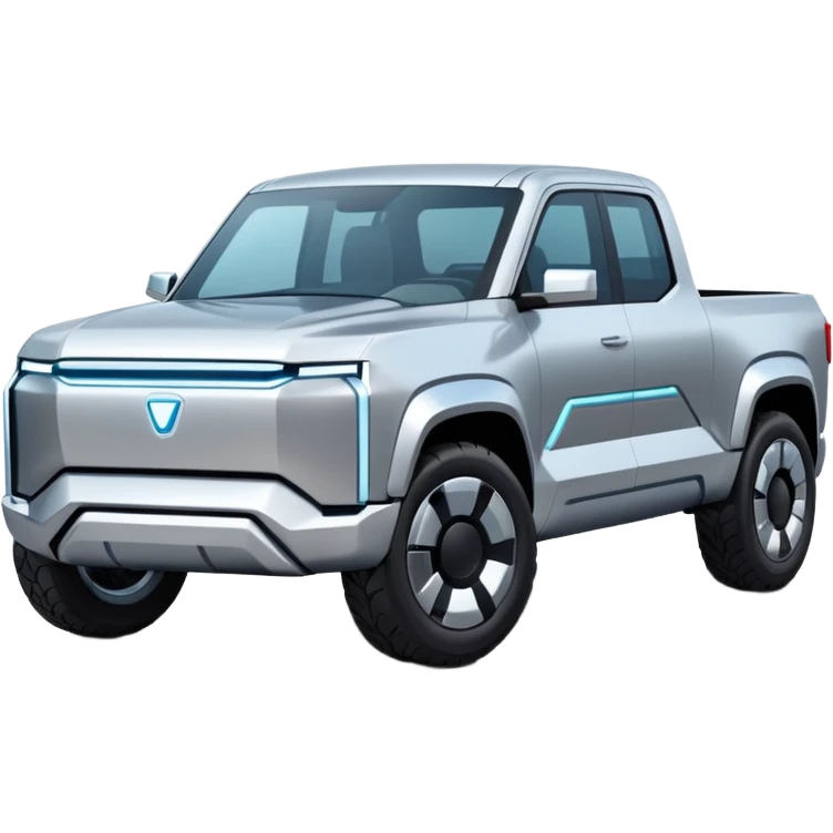 A futuristic electric pickup truck emoji, silver chrome body, angular cyber design, smooth metallic panels, subtle reflections, minimalistic proportions, iOS emoji style, centered composition, clean white background, soft lighting emoji