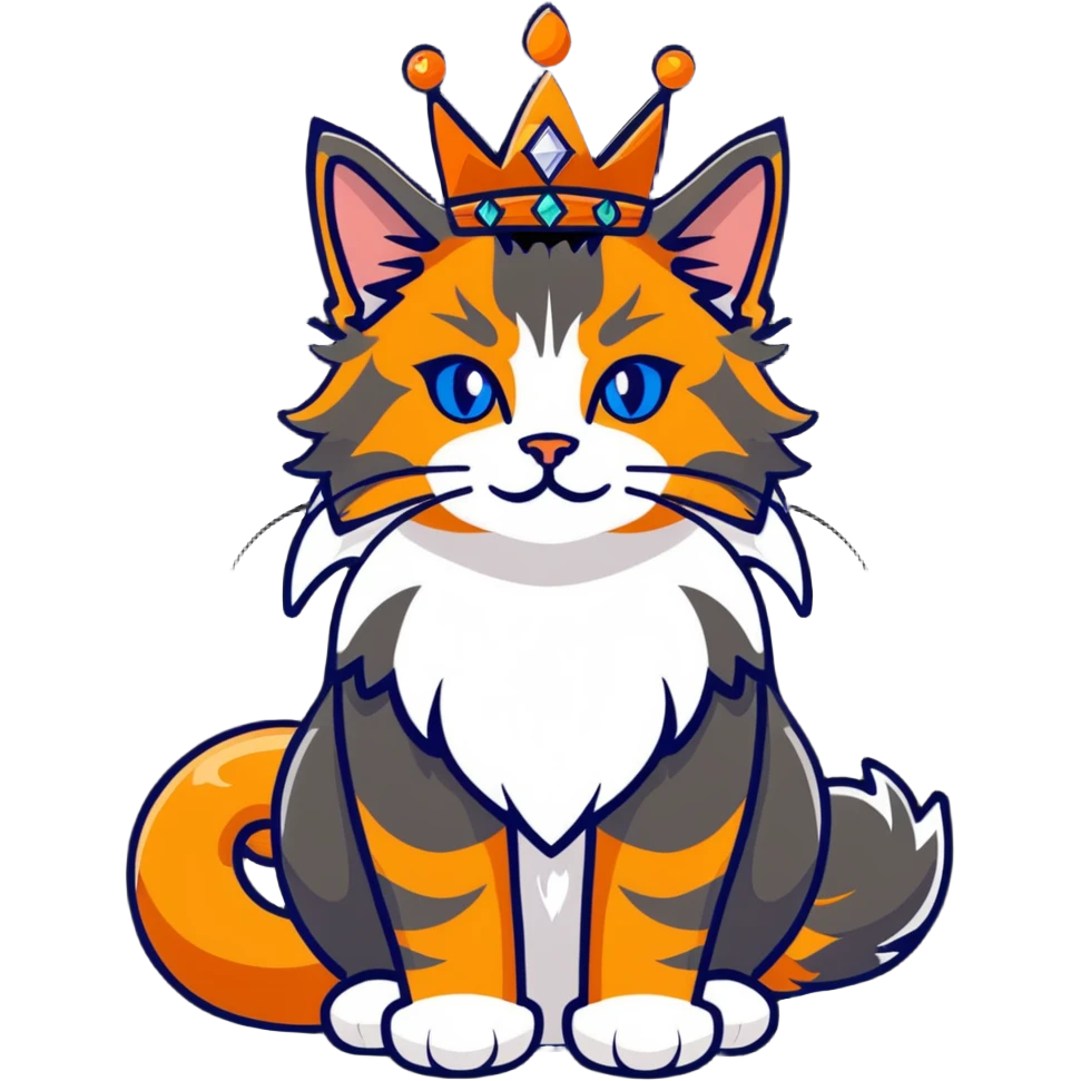 regal calico maine coon cat with orange, black and white fur wearing a jeweled crown emoji