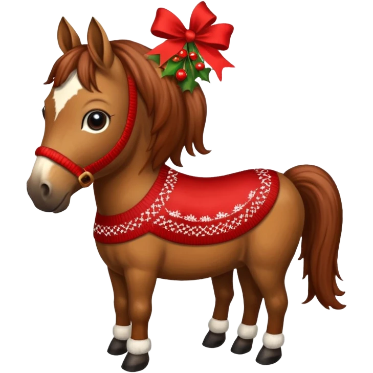 Xmas horse with red bows and a Christmas pudding jumper emoji