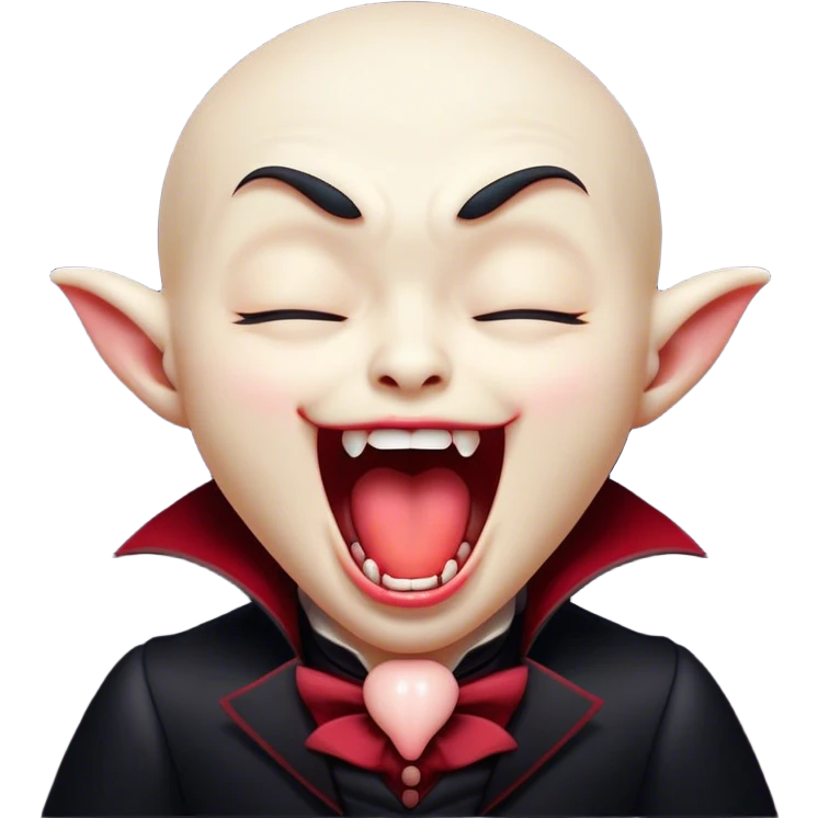 Cinematic Cute Yawning Vampire Portrait Emoji, with a small, rounded, charming pale face accented with tiny playful fangs and droopy, half-closed eyes, head tilted in an adorable wide yawn, dressed in miniature elegant dark attire with a hint of crimson, simplified yet irresistibly endearing, highly detailed with a soft, mysterious glow and gentle outline that captures the cute, drowsy side of an immortal! emoji