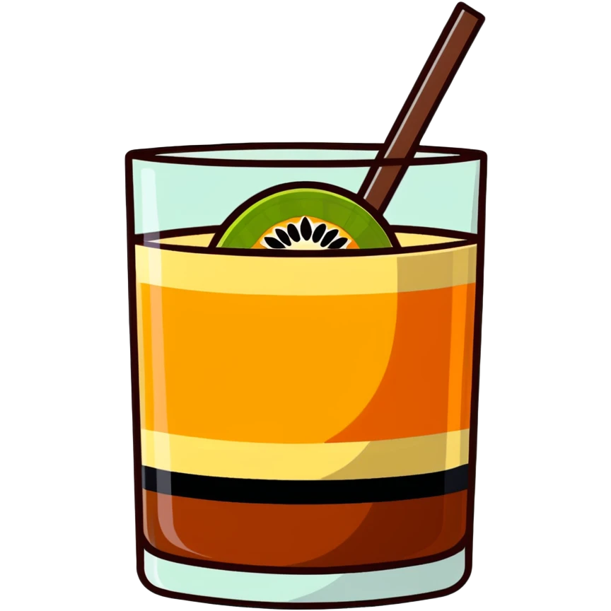 small transparent glass with layered carajillo - yellow-orange liquor visible at bottom, coffee layer on top, with cantaloupe melon slice alongside emoji