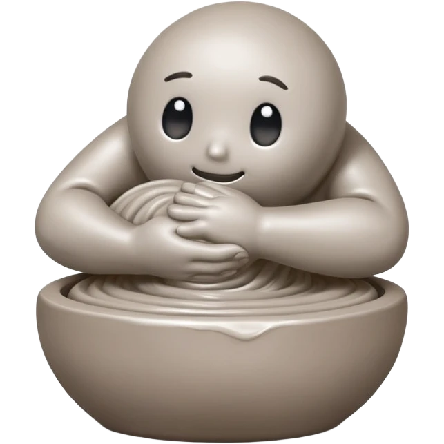 one hand hugging on the right side of a blob of clay on a silver pottery wheel emoji