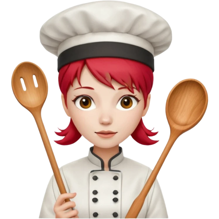 A woman with red Chinese hair and a chef's outfit, chef's hat and a wooden spoon emoji