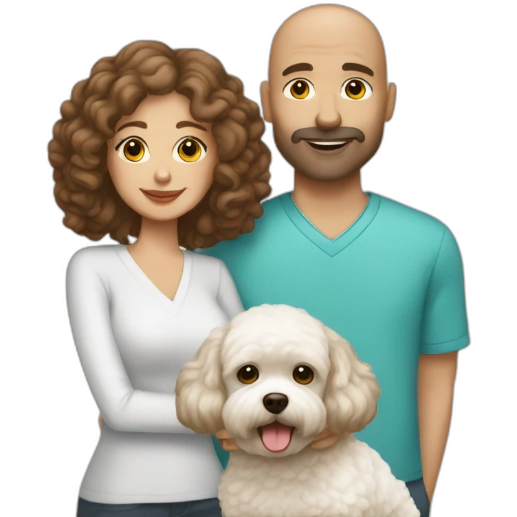 a bald man and brown haired woman with white maltipoo emoji