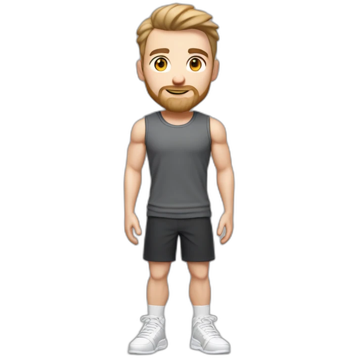 Full height Pale skinned fit man With biceps, Realistic eyes and mouth, light brown hair and stubble In dark gray sleeveless mike, black oversize sports shorts, watch and white sneakers. emoji
