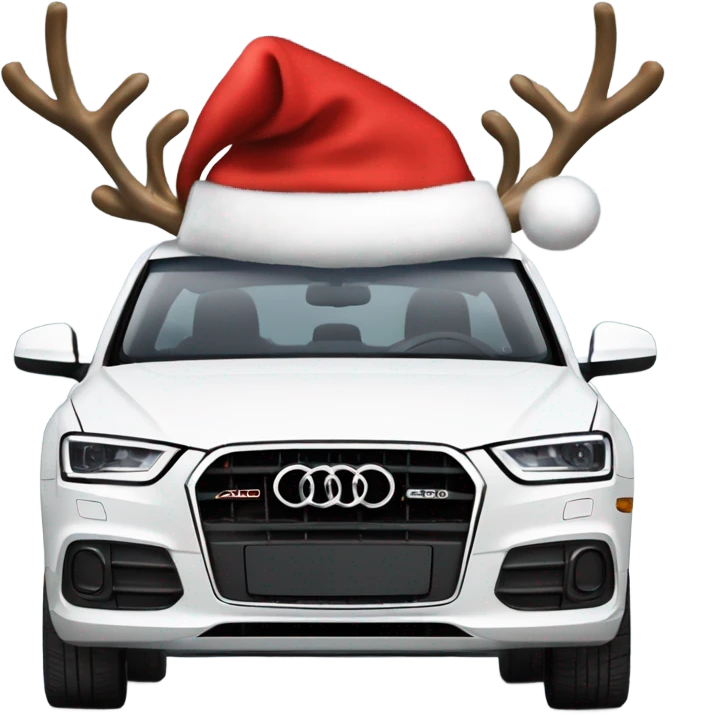 A white Audi Q3 as Santa Claus’s modern sleigh, harnessed to a reindeer with a red bridle and golden bells, set in a snowy winter scene. emoji