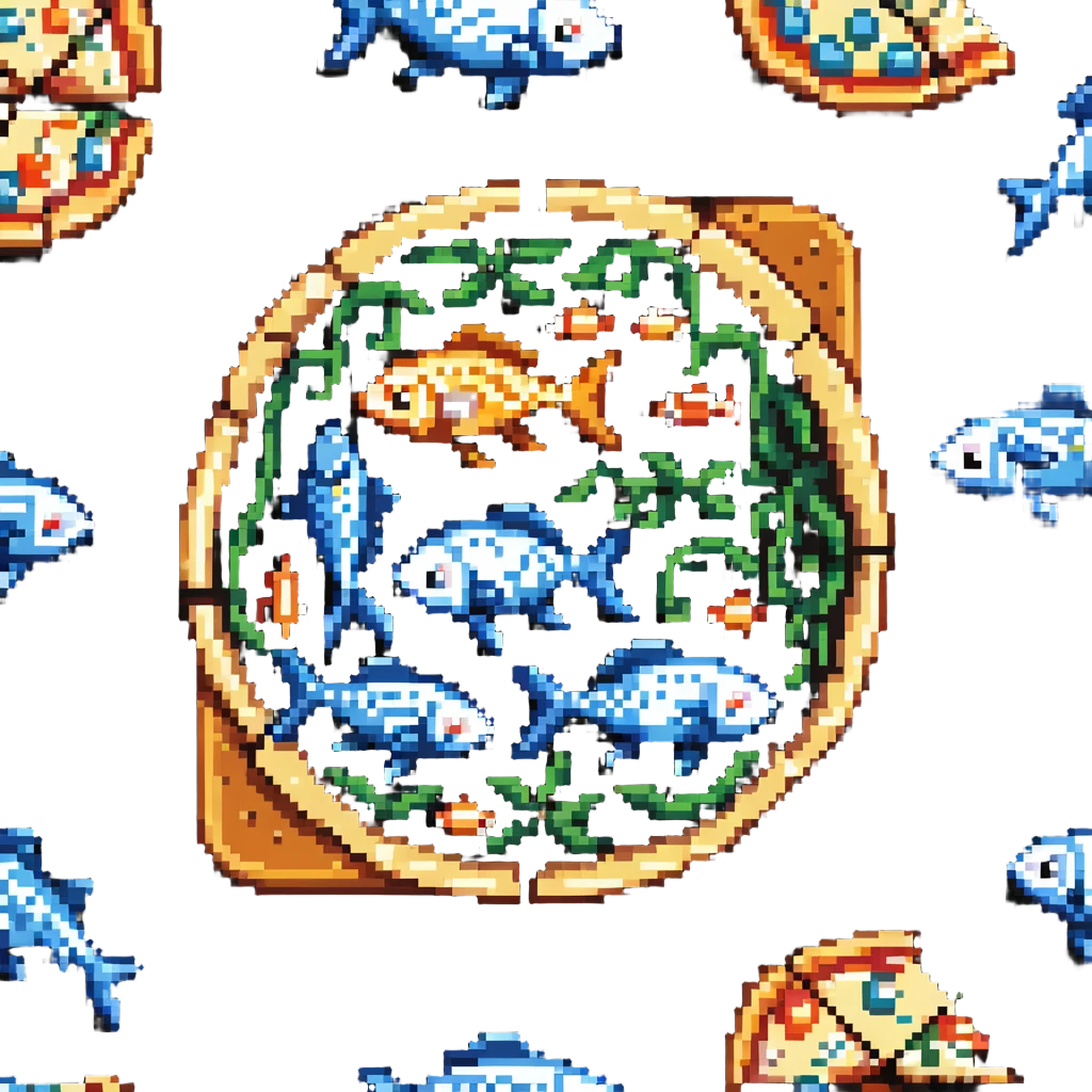 Fish pizza with fish toppings on a pizza crust, 8-bit style emoji