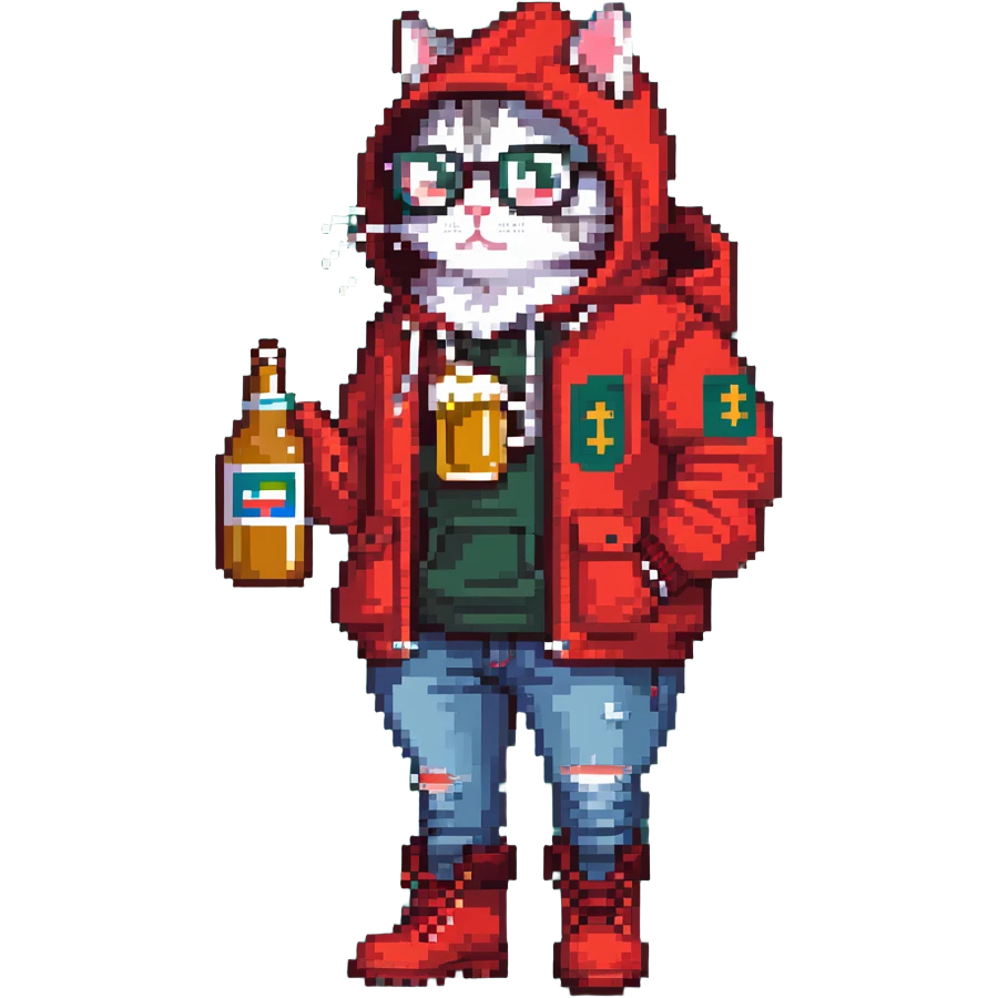 Catfish wearing red hooded winter jacket, round glasses, blue jeans, red boots, holding beer can with red label emoji