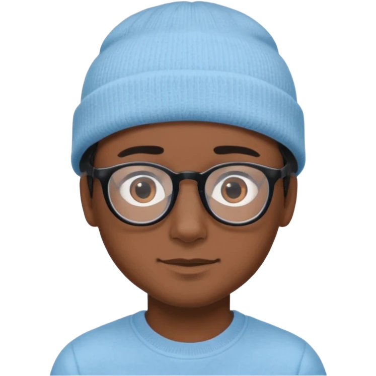 A boy or man emoji with medium-dark skin, wearing a light blue beanie and black-framed glasses, with brown eyes, dark eyebrows, a small nose, and a subtle smile on a clean-shaven face. emoji
