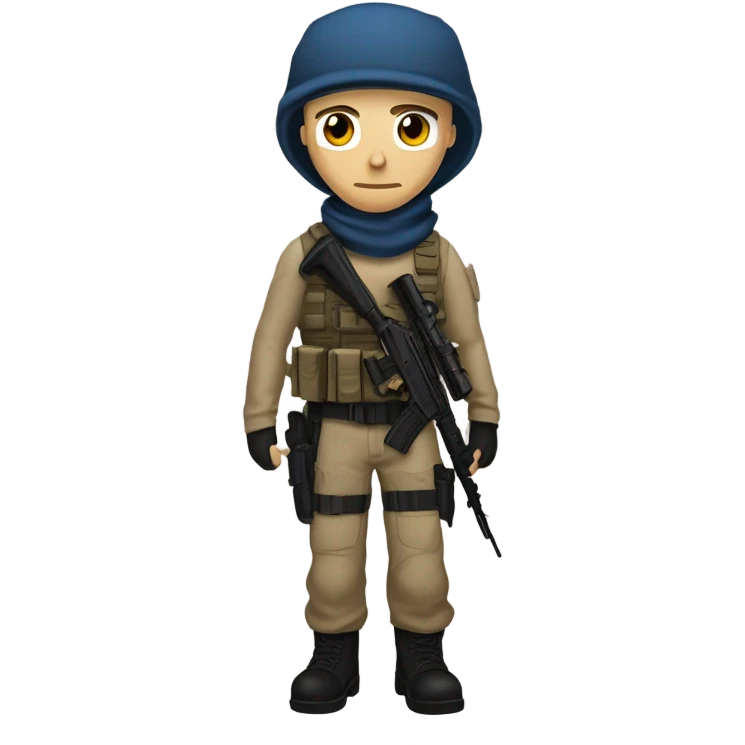 White male, call of duty mask, tan tactical gear, tan pants, combat boots, black beanie, blue eyes, no glasses emoji