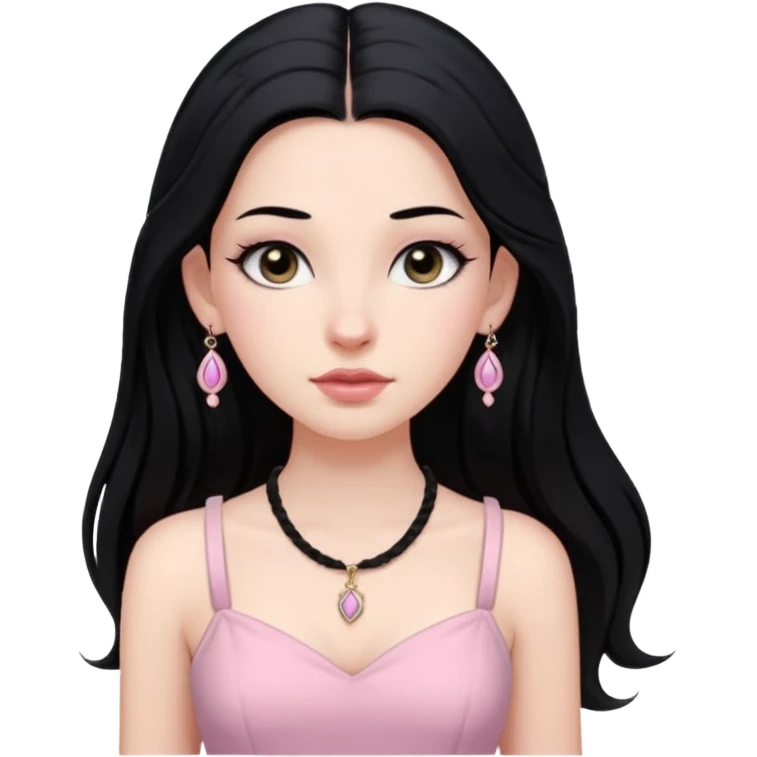 Menina branca ,cabelos longos cor preta , olhos cor preta puxados para cima. Cílios longos, lábios grossos ,nariz pequeno.vestido rosa claro de alça. Jovem de 16 anos .colar e brinco vivara emoji