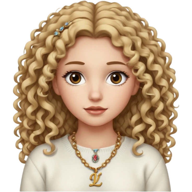 a dirty blonde girl with brown eyes and make her wearing a white sweater and a necklace with I intial with curly hair and white skin color, long hair and big lashes emoji