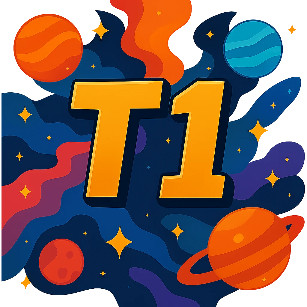 Make the T1 text much larger, keep the space theme, and make the background transparent. emoji