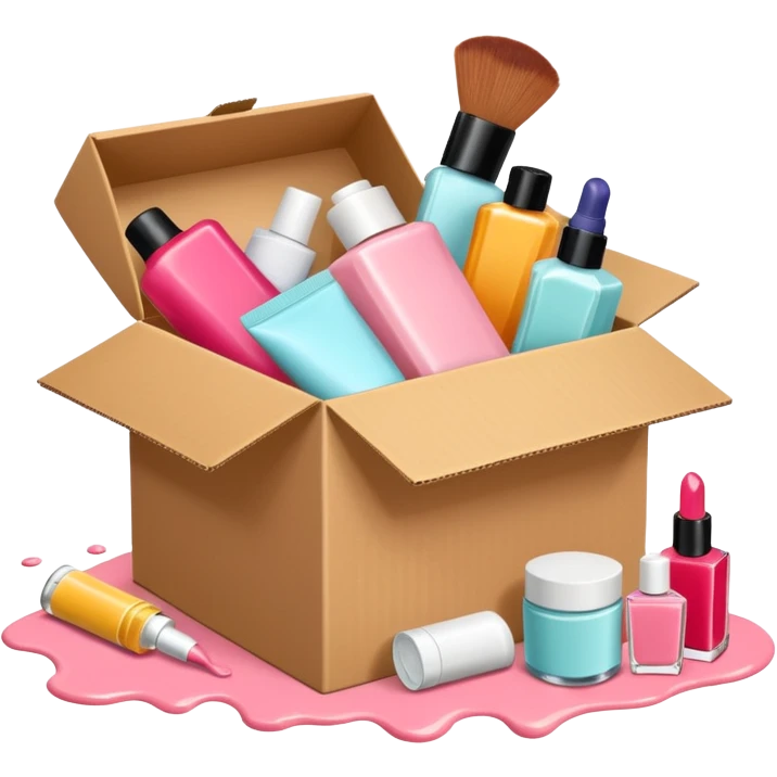 a cardboard box with assorted beauty products like compact, lotion, and nail polish spilling out with a blue background, variation 3 emoji