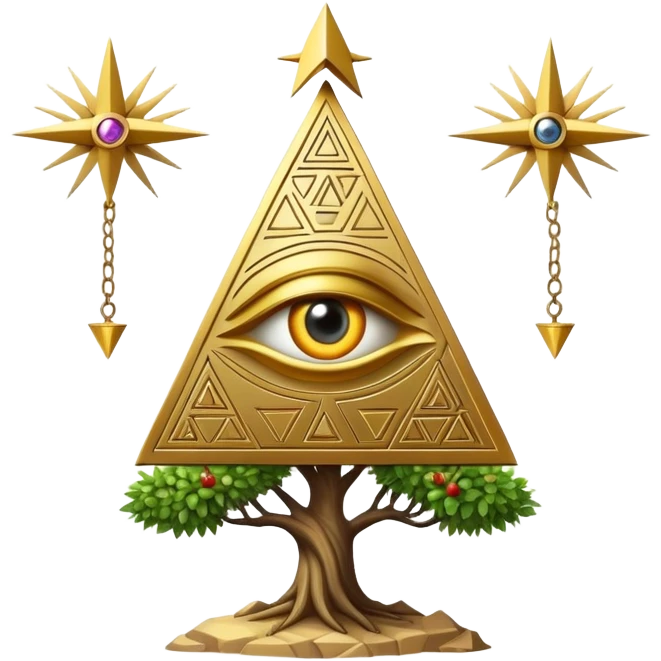 Annunaki tree from Garden of eden, that is actually a ancient tech antenna with illuminati all seeing eye in traingle symbol at the top and with little pyramids hanging like apples emoji