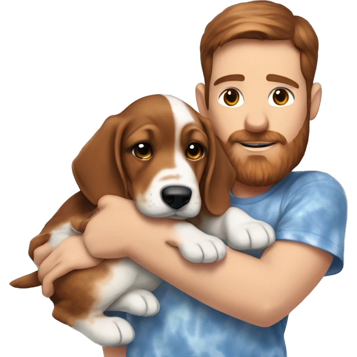 White male with short dark brown hair and reddish brown beard wearing a tie-dyed t-shirt cradling one mostly brown furred Bassett hound female puppy  emoji