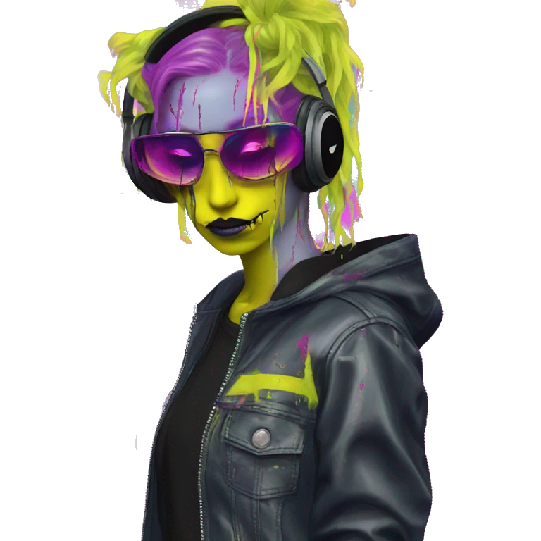 .Zombie_ Vaporwave black holographic oilslick zombie unicorn yellow caution tape holding a vinyl dj graffiti emoji
