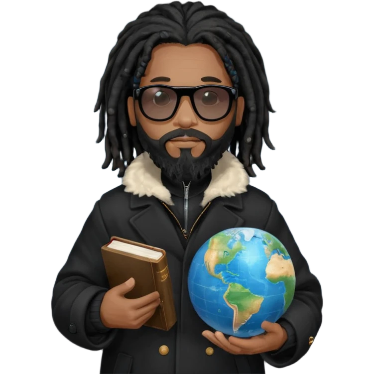 African American man with shoulder length black dreadlocks with black beard wearing black sunglasses wearing a black bubble winter coat holding a Bible and a Globe in his hands emoji