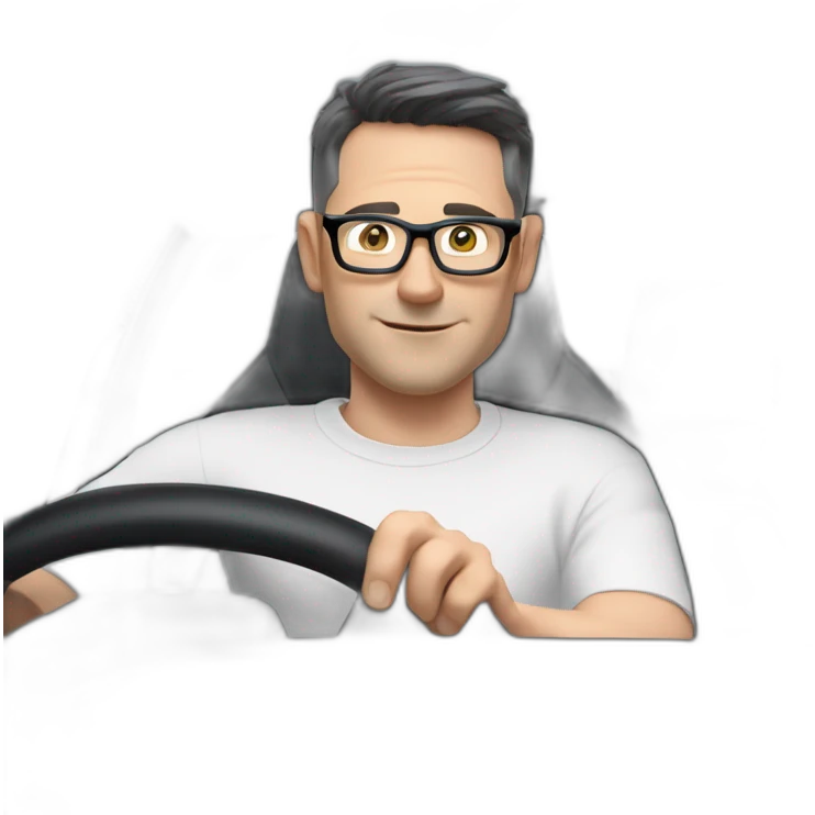 middle-age-lean-white-man-with-black-short-hair-&-glasses-wearing-blackt-shirt-inside-black-tesla-model-3, at the wheel, front view emoji