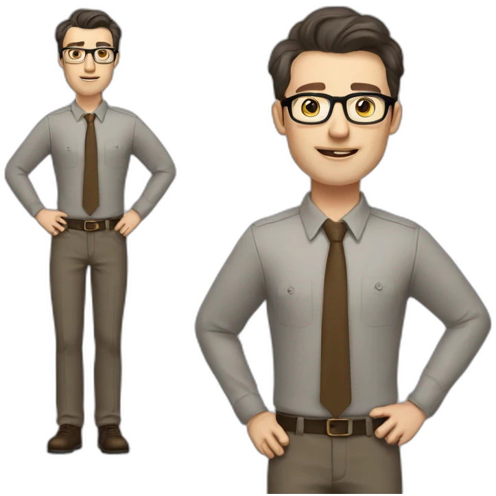 Full height Actively Gesturing Pale skinned fit man with dark brown hair in gray jacket, beige office shirt, brown tie, brown pants and vintage glasses. emoji