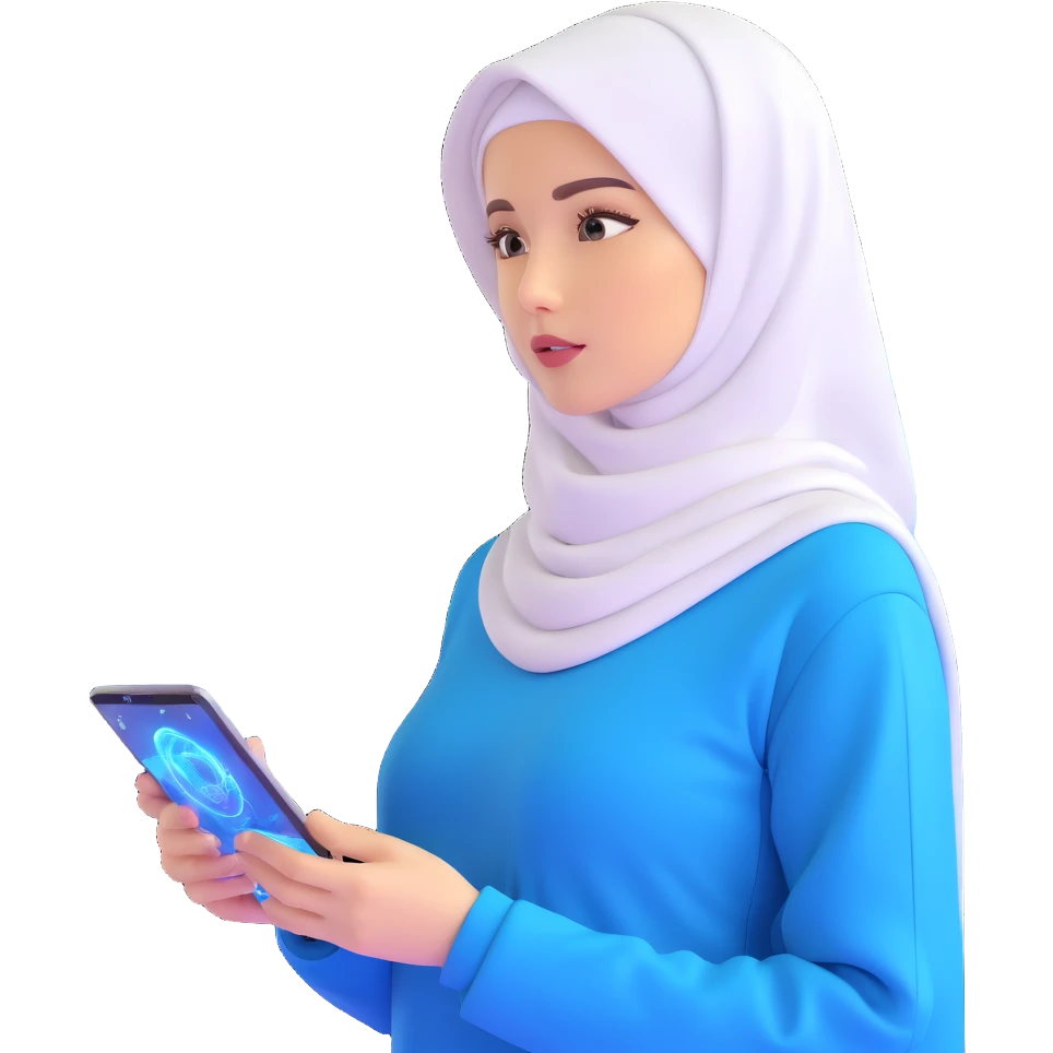 woman with white hijab wearing blue outfit, working with futuristic screens showing advanced holographic interfaces, AI visualizations, quantum data patterns, circuit networks, high-tech metaverse elements emoji