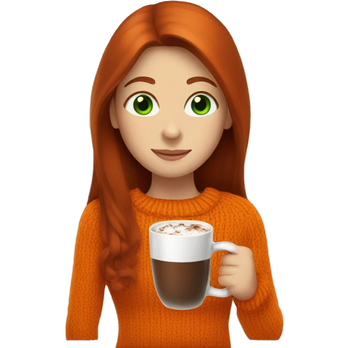 A dark redhead with straight long hair, a girl with green eyes in an orange sweater and a hot chocolate  emoji