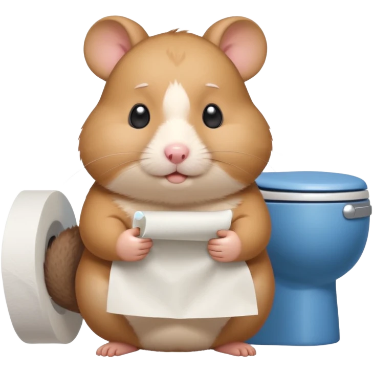 Cute chubby cartoon-style hamster sitting on toilet pooping holding toilet paper looking as if he had an accident, sticker-style illustration emoji