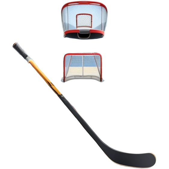 An icon showing a hockey stick, puck, skates, and goalposts on the ice. The background features a large hockey stadium with cheering fans, bright lights, and a snowy landscape visible through the arena. Transparent background highlights the main hockey equipment and atmosphere. emoji
