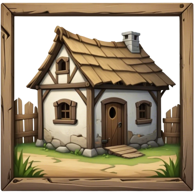 An old, windowless, dilapidated medieval shack building. transparent. medieval building. emoji