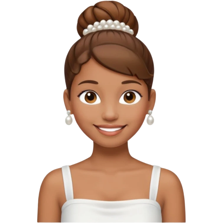 Light brown skin girl, brown hair in bun, smiling, white tube top, pearl earrings emoji