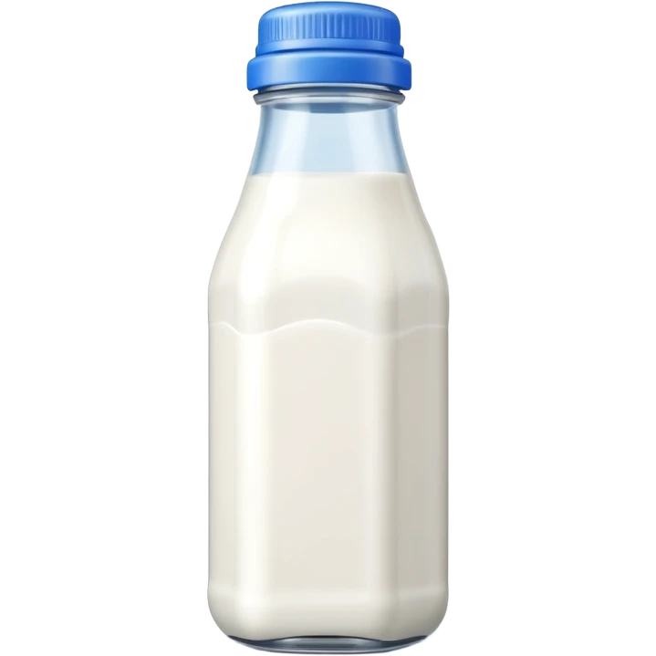 A 3D cartoon bottle of milk with white liquid, blue cap, clean reflections, Memoji-style. emoji