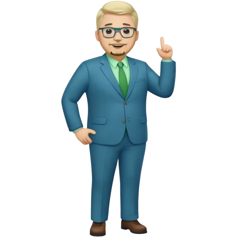 Full Body white male plus size wearing glasses with a goatee with light blonde and gray very short hair happy basketball head Coach in blue and green suit emoji