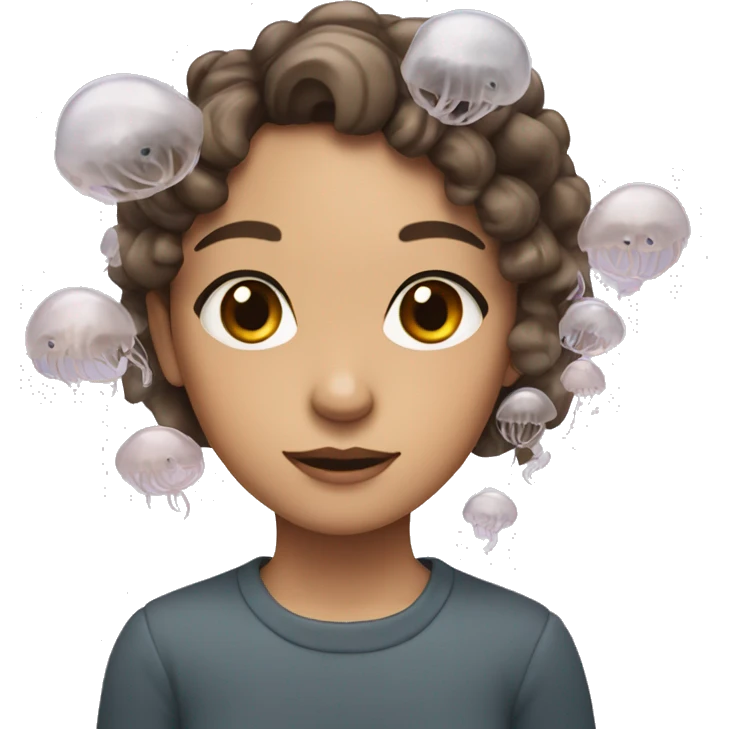 A girl with brown hair and gray eyes with a jellyfish on her head emoji