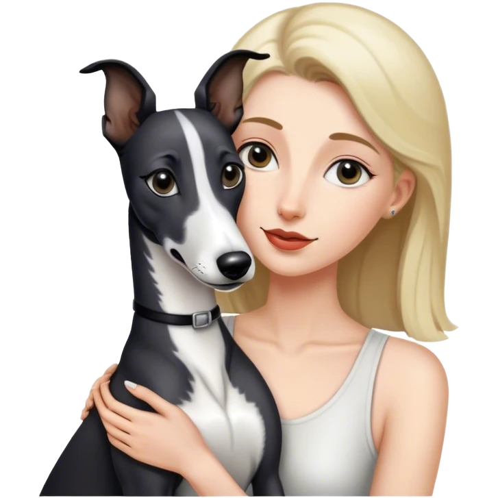 A black and white greyhound sniffing a woman emoji