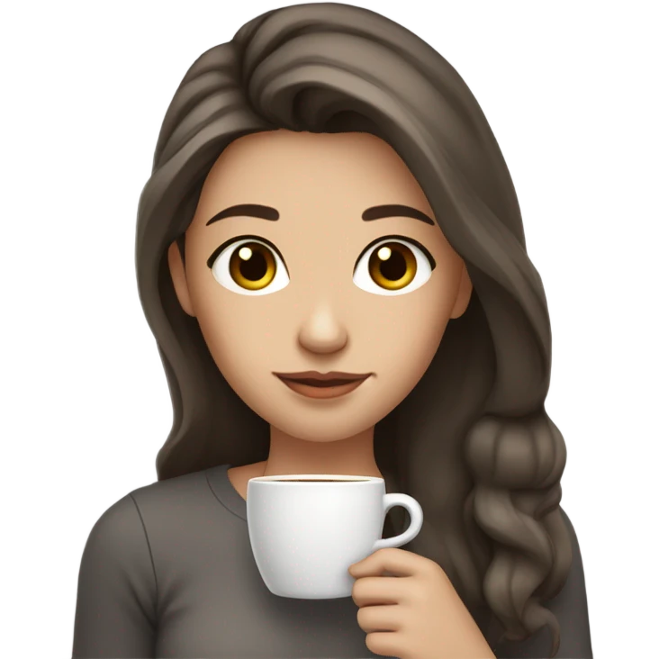 Girl with brown hair with dark gray highlights, fair skin, long, soft, beautiful hair, soft lips, brown eyes, drinking coffee emoji