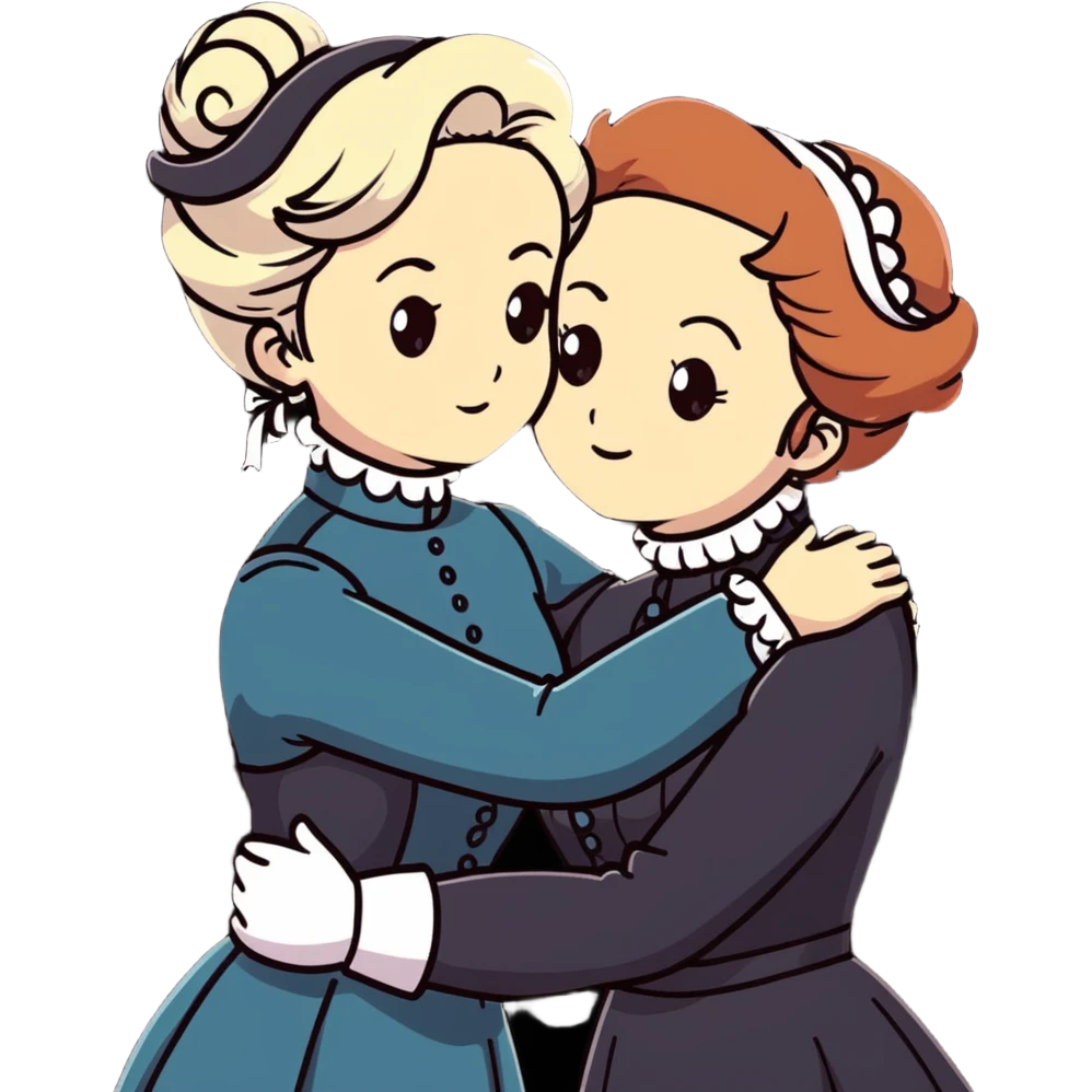 Two Victorian women with light eyes, one with white coiffed hair and one with copper coiffed hair, wearing Victorian high-neck dresses, embracing in a sad intimate hug emoji