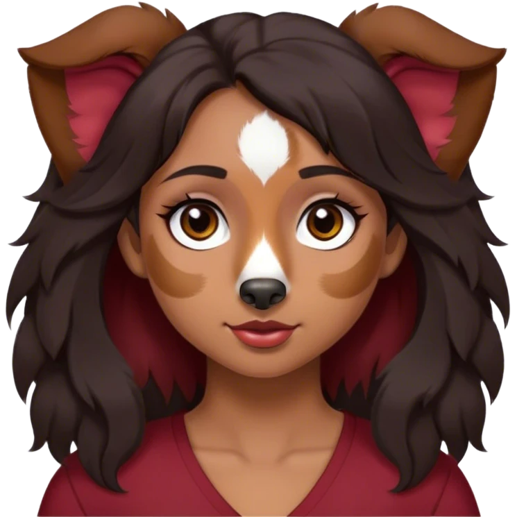 One latina girl with long beautiful dark hair and dark eyes in a dark red v neck and makeup with her black tri colored  Australian shepherd large with floppy ears emoji