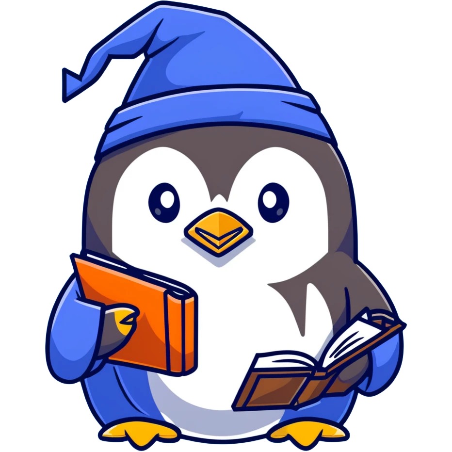 penguin wizard with blue robe and magic book emoji