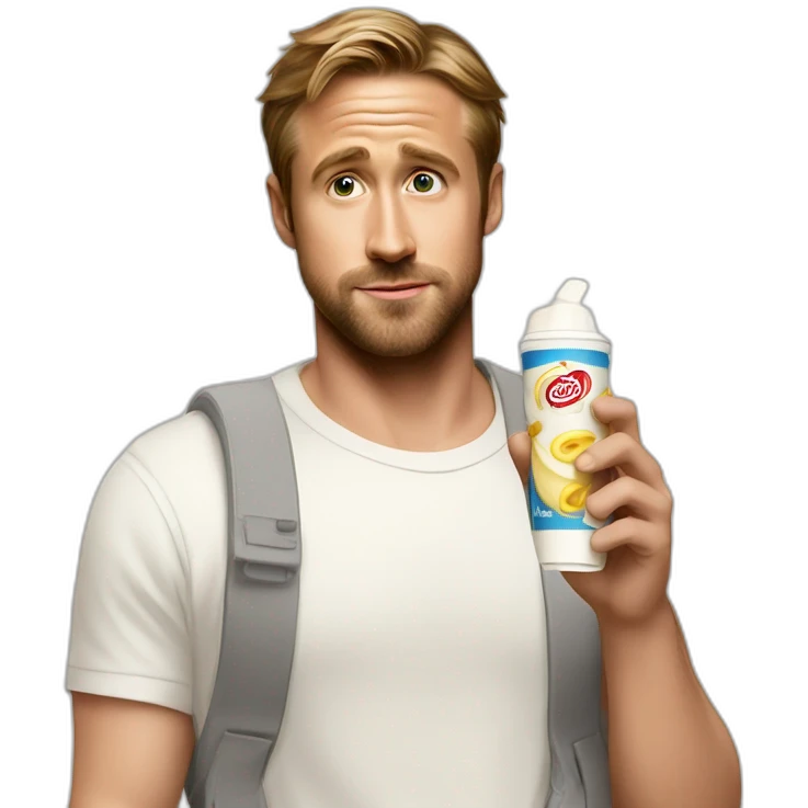Ryan Gosling neutral face holding tube of mayonnaise emoji