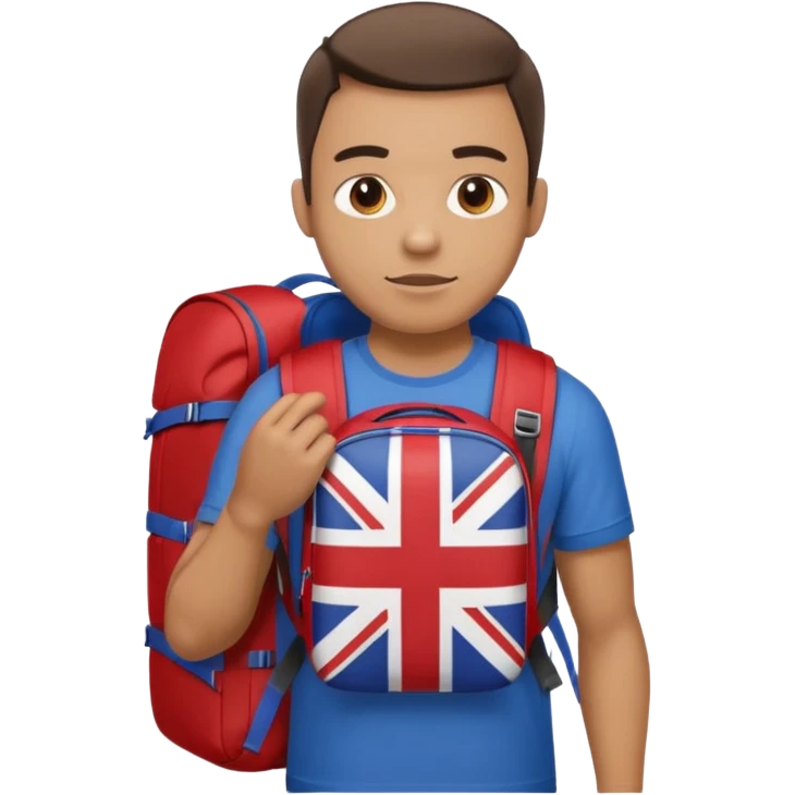 A guy with a backpack and a Union Jack on his T-shirt holds the Union Jack. emoji