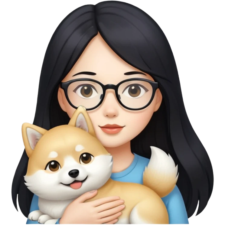 A beautiful girl with long black hair and glasses is holding a long-haired white Shiba Inu emoji