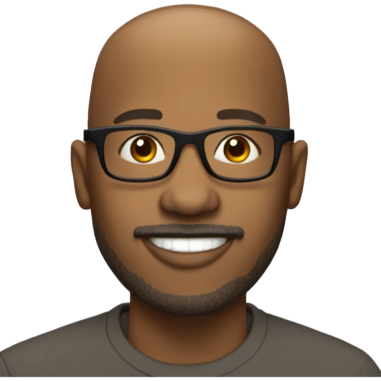 Happy light skinned bald African American man with goatee and glasses emoji