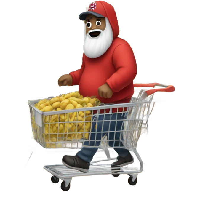 man with a beer belly and a grey beard who's wearing a red sox hoodie in a store pushing shopping cart  emoji