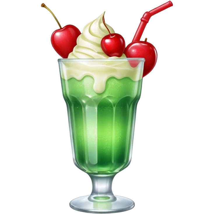 Create an emoji with a clear rounded glass, bright transparent green soda with fine bubbles, a smooth vanilla scoop circle shape, a glossy red cherry, using vibrant colors, soft shading, and clear glass highlights.
 emoji