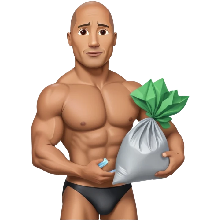 Dwayne the rock Johnson in speedo holding trash bags emoji