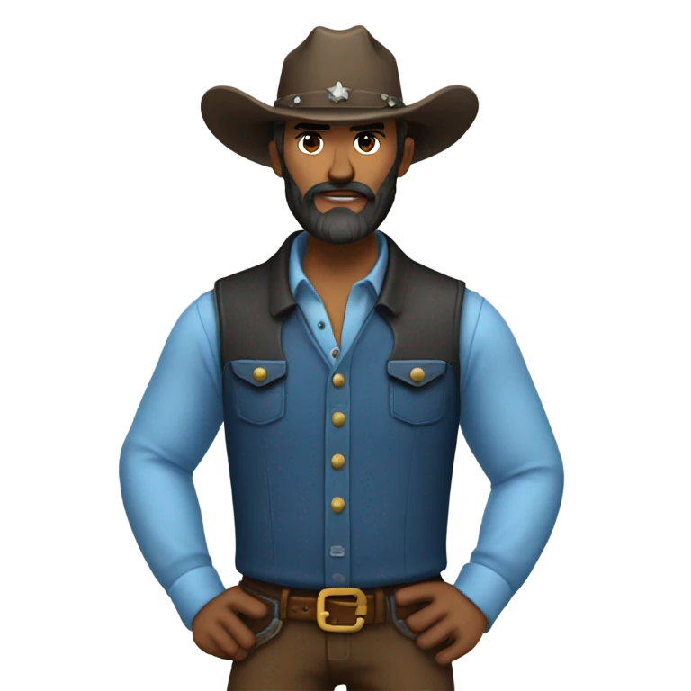 a rugged cowboy with a thick beard, wearing a blue vest over a classic western shirt. He should have a confident stance, showing full torso emoji
