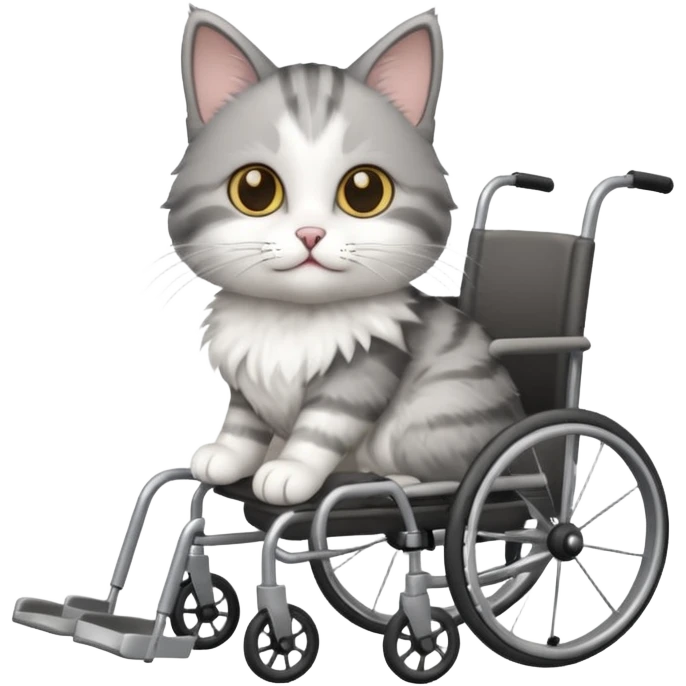 disabled grey and white small cat using a wheelchair made for cats emoji