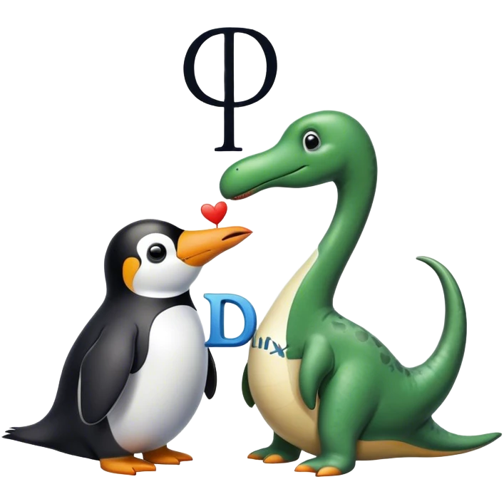 пингвин на котором написано Linux. целует динозавра диплодока на котором написано D1plodok emoji