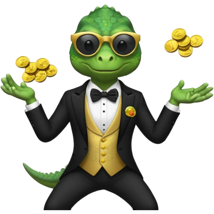 capitalist iguana banker in tuxedo and black sunglasses jongling with coins emoji